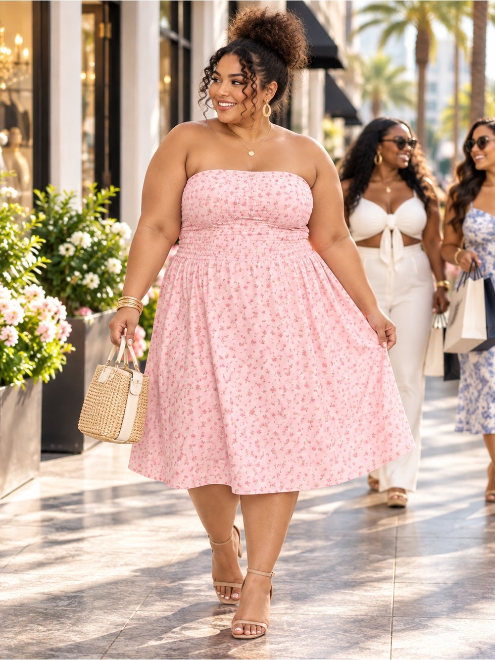 NWT Pink Ruched Ruched Strapless Poplin Midi Dress Size 3X